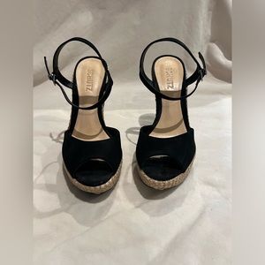Schutz Black Platform Wedges with Ankle Strap & Braiding 8.5
